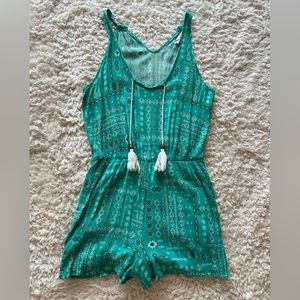 Green Print Lightweight Romper with Tassels Size Med